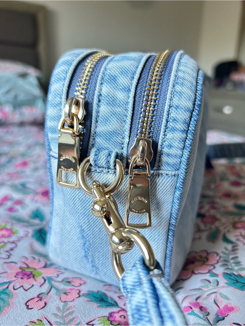 COACH Light Blue Denim Distressed Crossbody Bag with Gold Logo - Picture 2 of 8